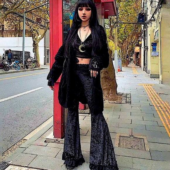 Whimisigoth lace insert velvet flared bellbottoms! For short queens! - Picture 2 of 5